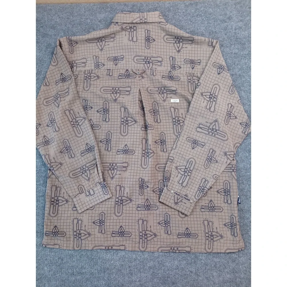 Phat Farm Men's Button Up Shirt Size Medium Beige Blue Allover Print Y2K Long